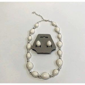 Napier Necklace Pierced Earrings Silvertone Creamy White Teardrop Lobster Clasp